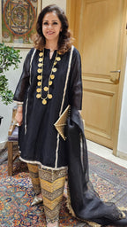 Black Chanderi Silk Top with Embroidered Work Bottom with Organza Dupatta