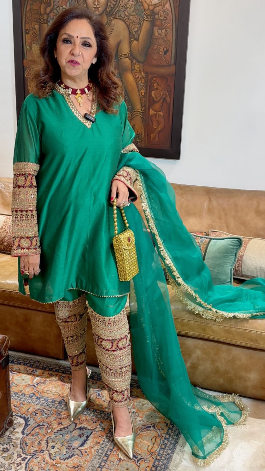 Green Chanderi Top and Bottom with Embroiderey and chiken Kari Dupatta Work