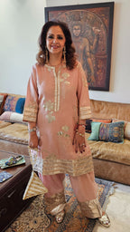 Blush Pink Linen Gota Embroidered Top With Linen Bottom