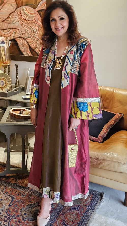 Brown Chanderi Silk Two Piece Set With Pure Hand Painted Kalamkari and Embroidered Work