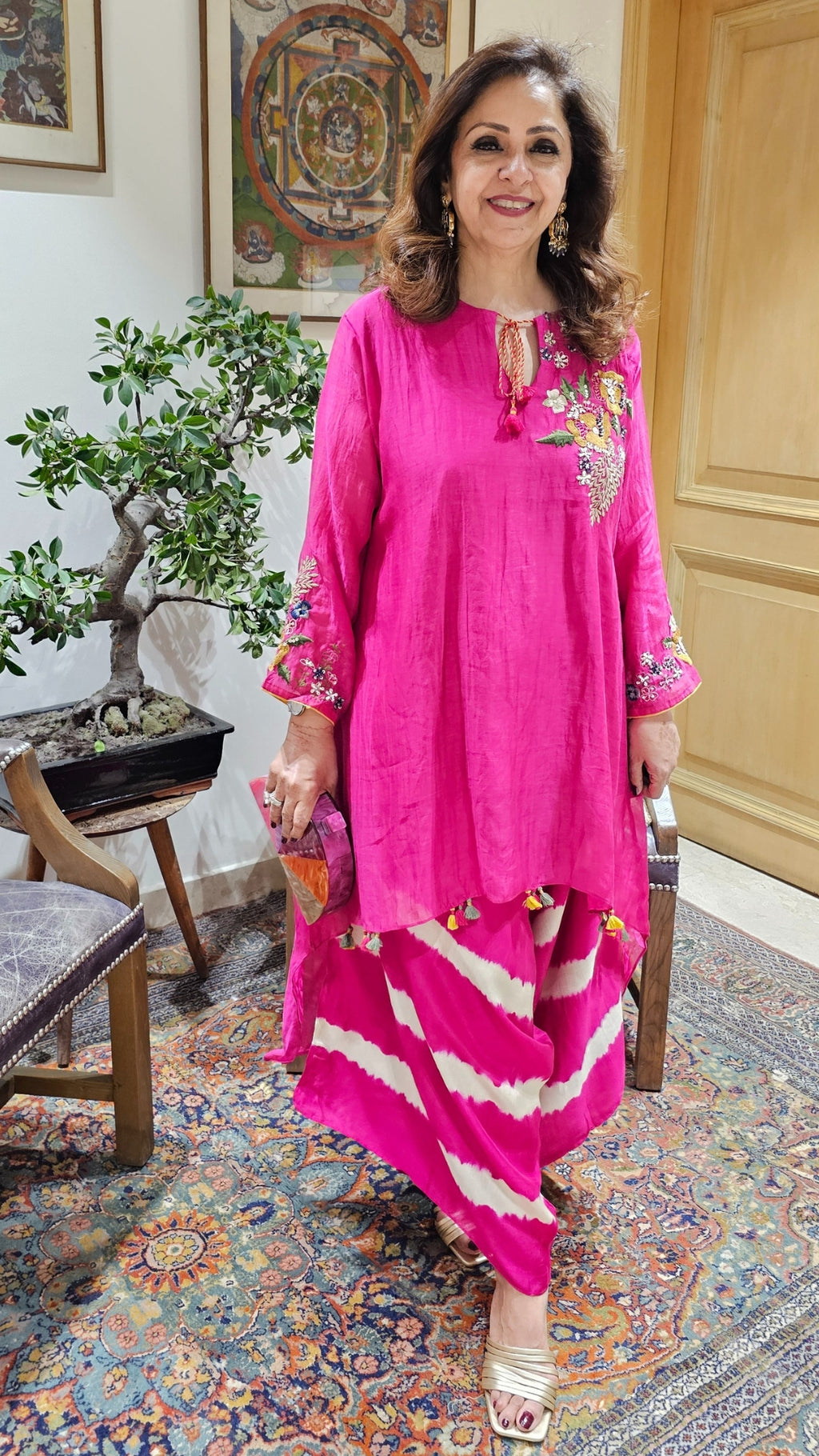 Asymmetric Kurta in Pure Mul Chanderi With Silk Tie and Dye Boho Pants