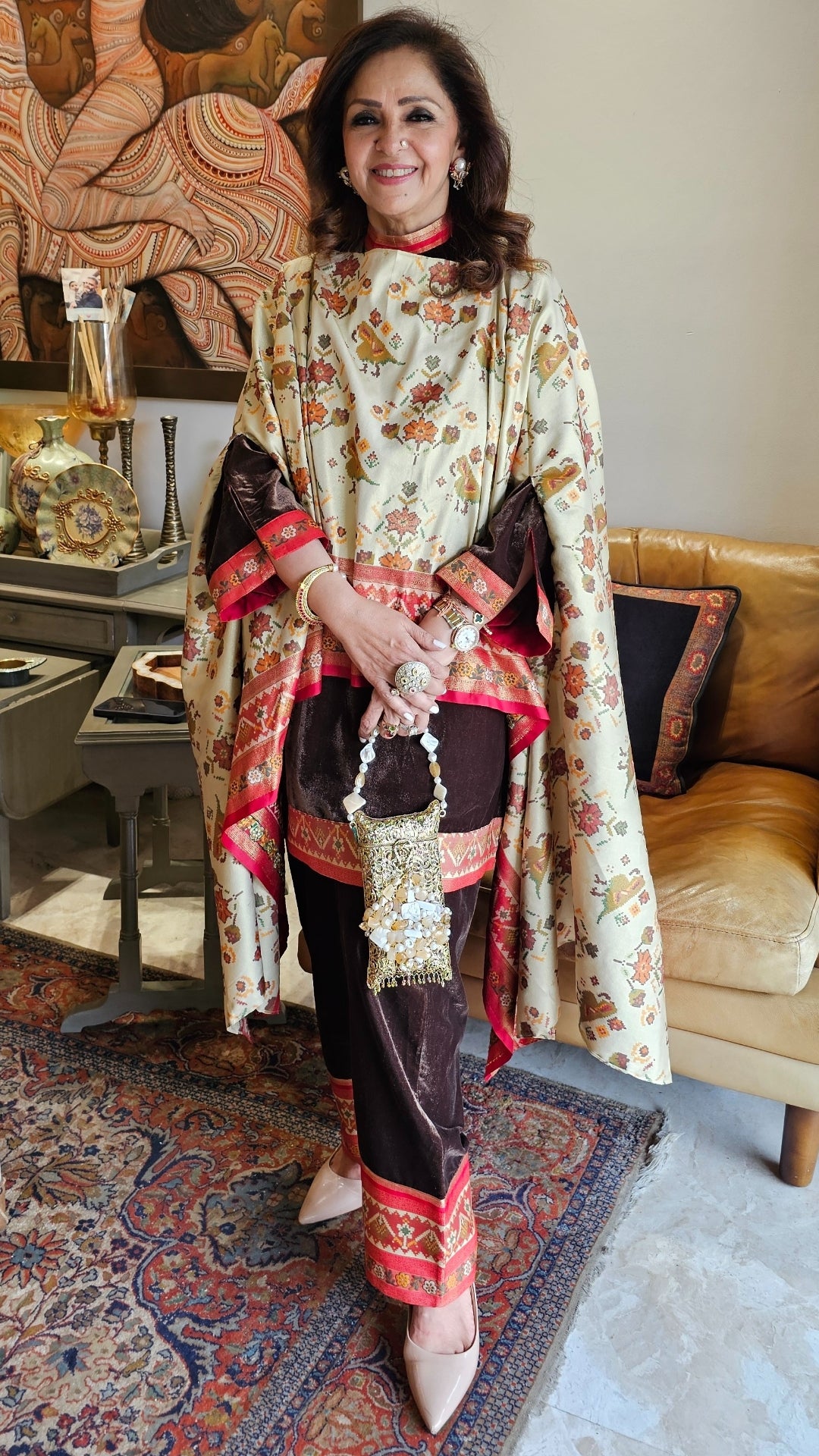 Brown Velvet With Silk Cape Co-ord Set With Embellished Work