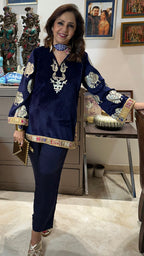 Navy Blue Velvet Top and Bottom With Embroidery and Embossing Work