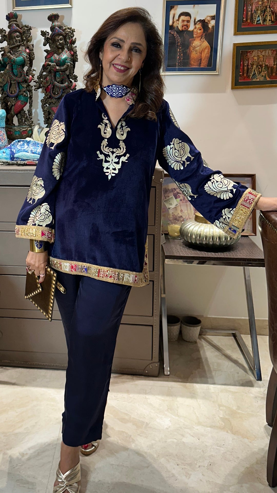Navy Blue Velvet Top and Bottom With Embroidery and Embossing Work