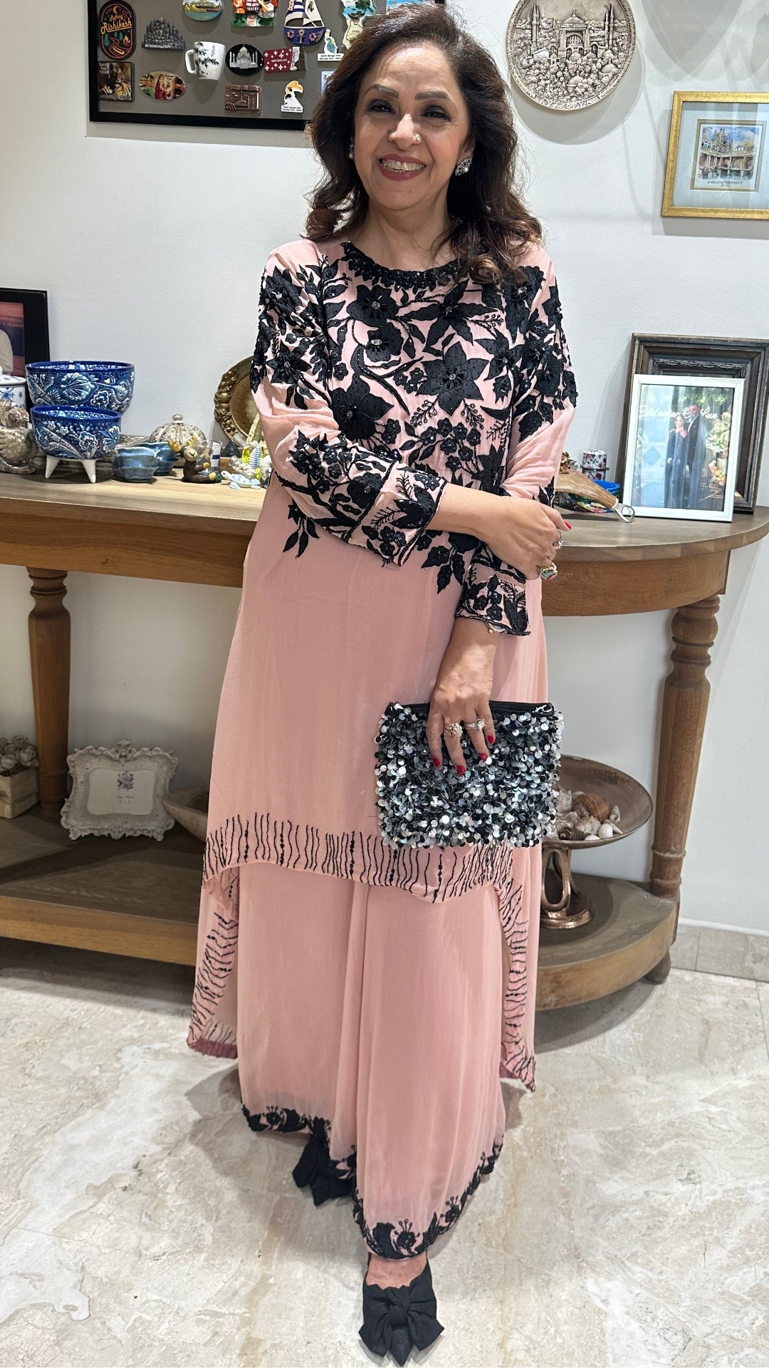 Peach Georgette Fully Lined 2 Piece Kurta and Flared Pants Dressed With Stunning Embroidery on Both Top and Bottom