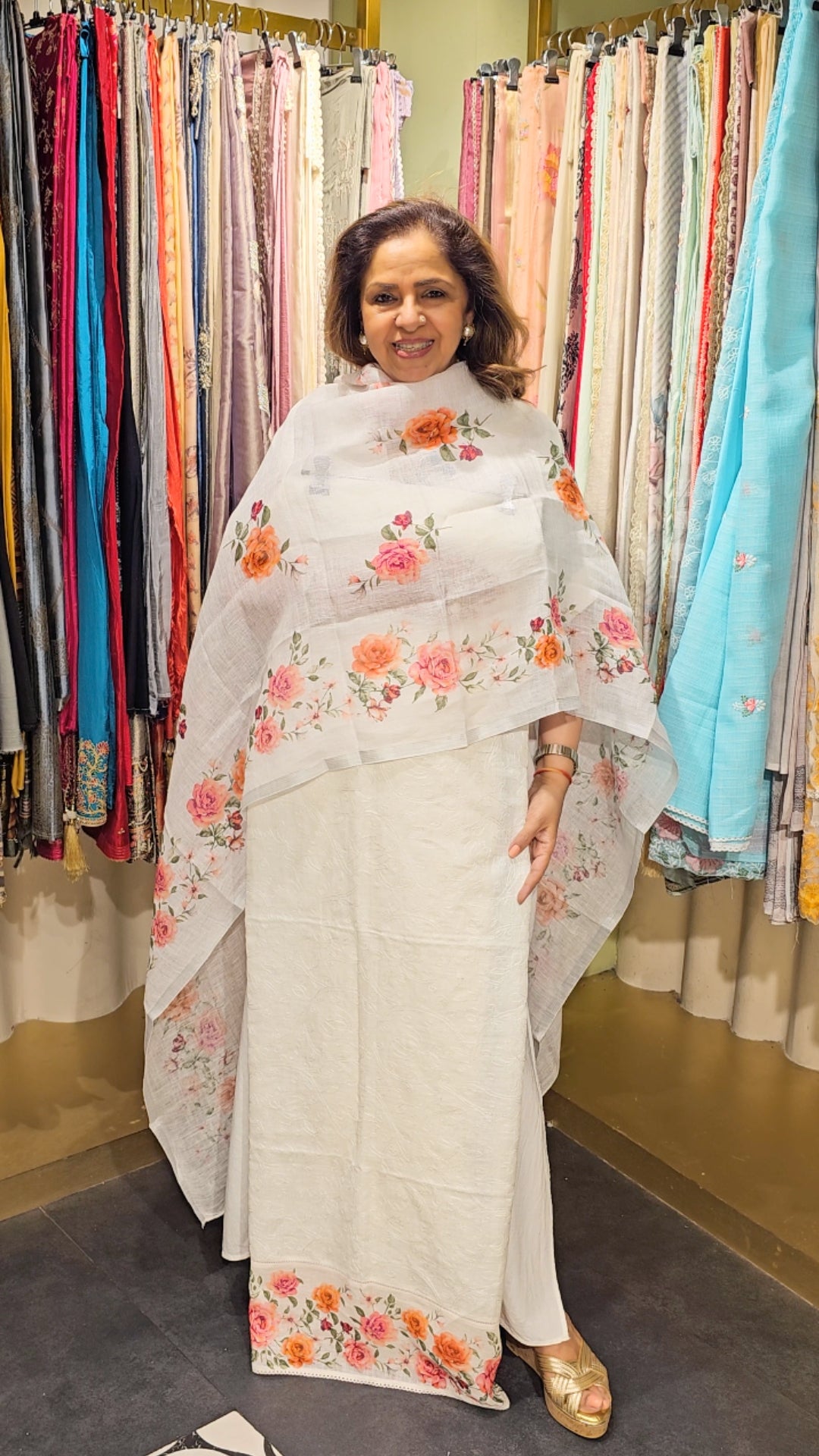 Beautiful Digital Printed Linen Suit trimmed With Hand Embroidery