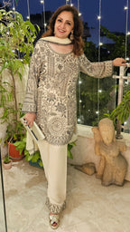 Adorable Outfit With Georgette Heavy Hand Embroidered Top, Bottom With Embroidered Poncha and With Dupatta