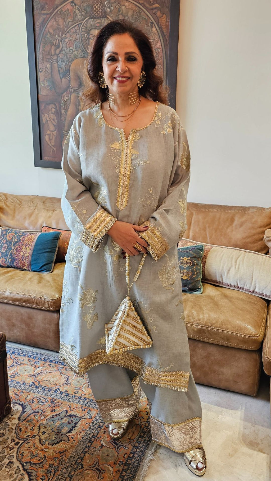 Grey Linen Embroidered Top With Linen Bottom