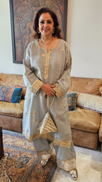 Grey Linen Embroidered Top With Linen Bottom