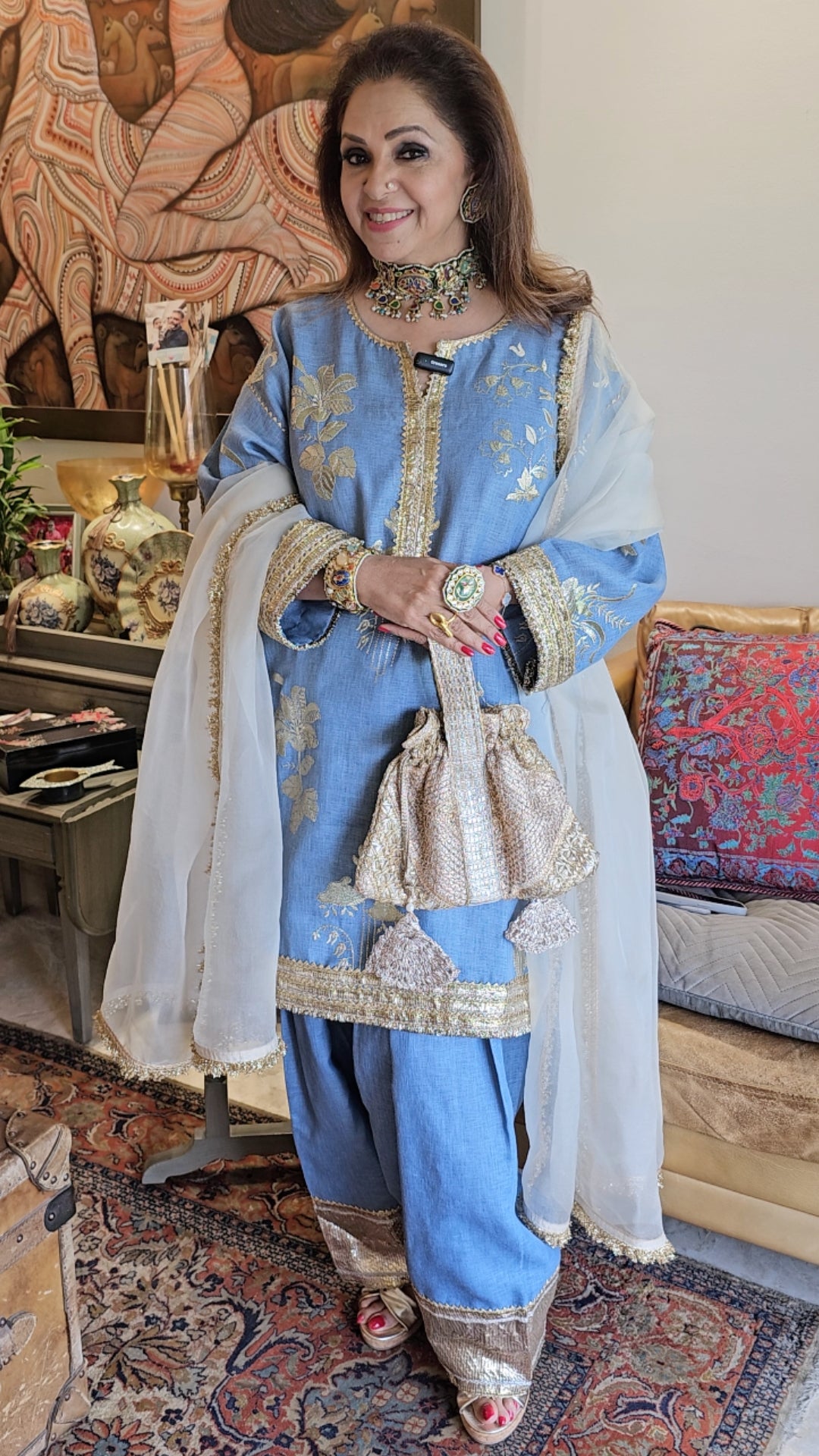 Ice Blue Linen Embroidered Top With Linen Bottom and Organza Dupatta