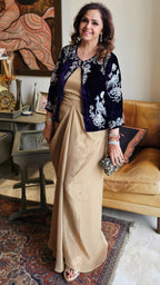 Beautiful Navy Blue 3 Piece Formal Outfit in Tissue Drape Skirt and Tissue Bustier With A Short Velvet Jacket Complete With Hand Embroidery