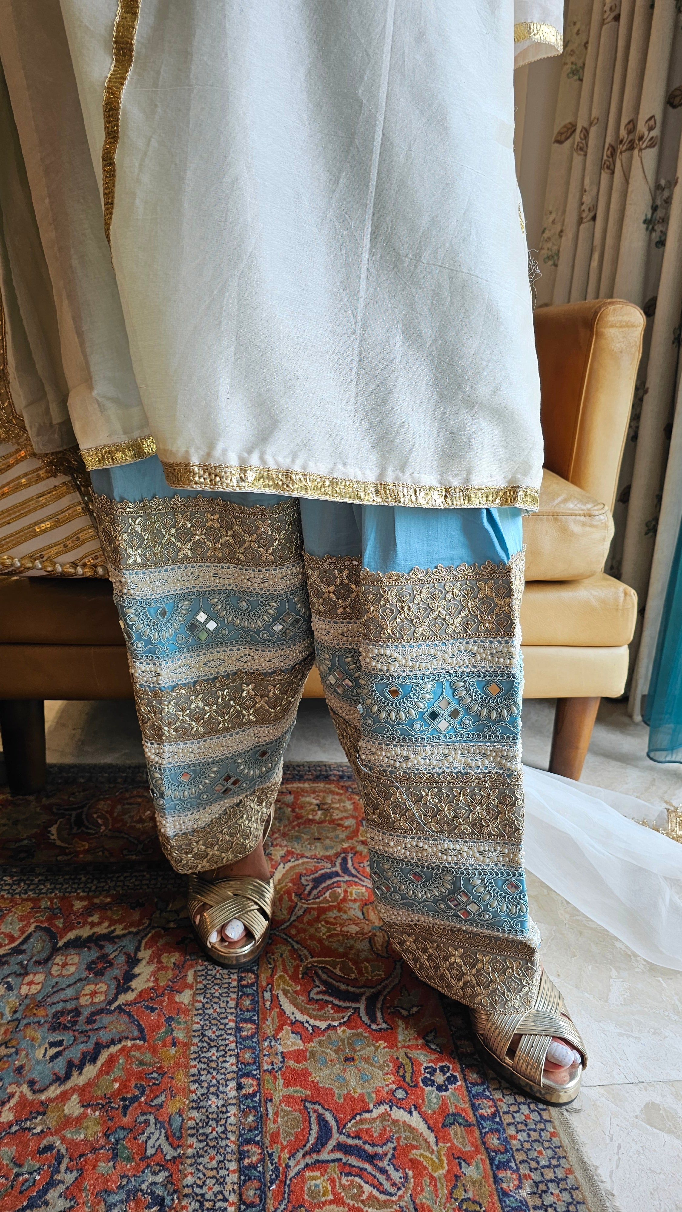 Ivory Chendari Silk Top and Bottom Set With Hand Embroidered Work