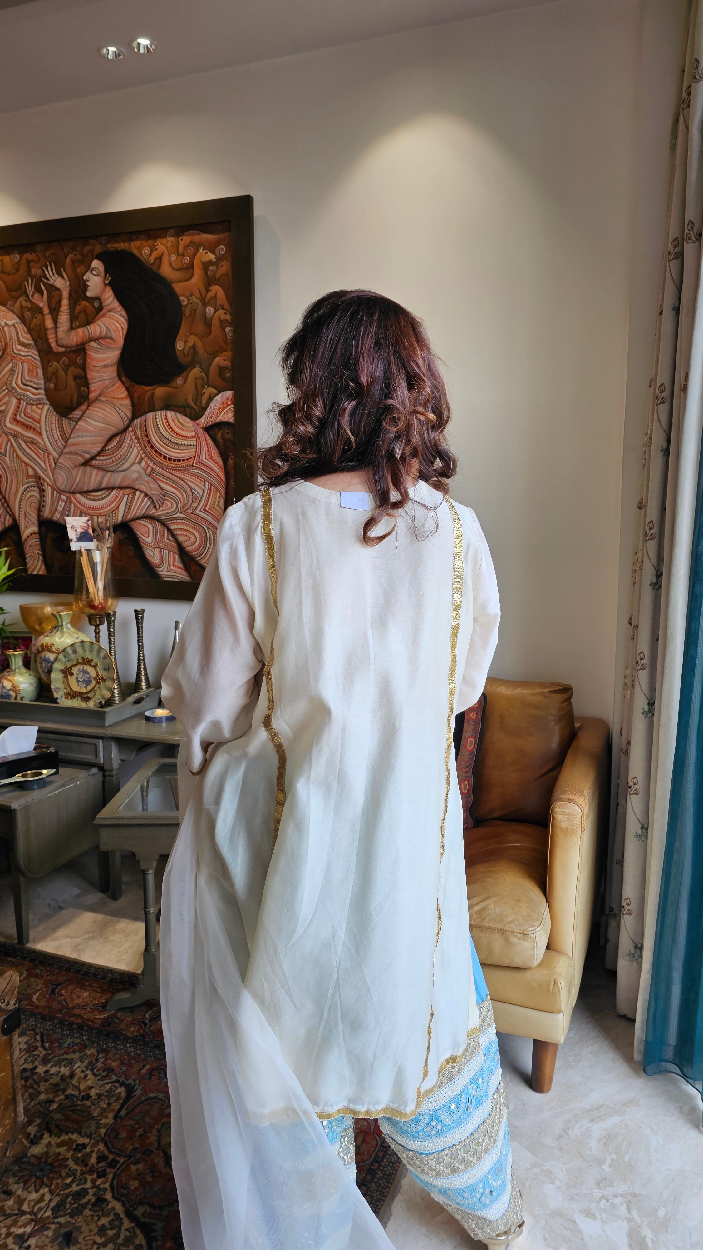 Ivory Chendari Silk Top and Bottom Set With Hand Embroidered Work