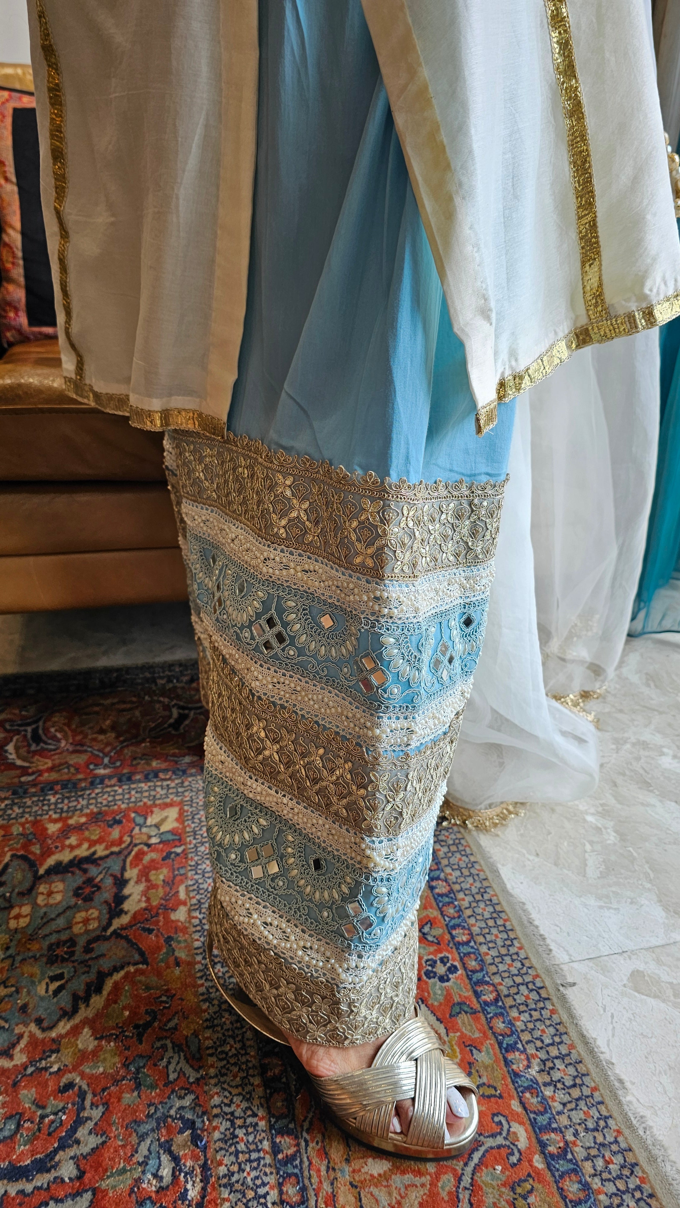 Ivory Chendari Silk Top and Bottom Set With Hand Embroidered Work