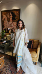 Ivory Chendari Silk Top and Bottom Set With Hand Embroidered Work