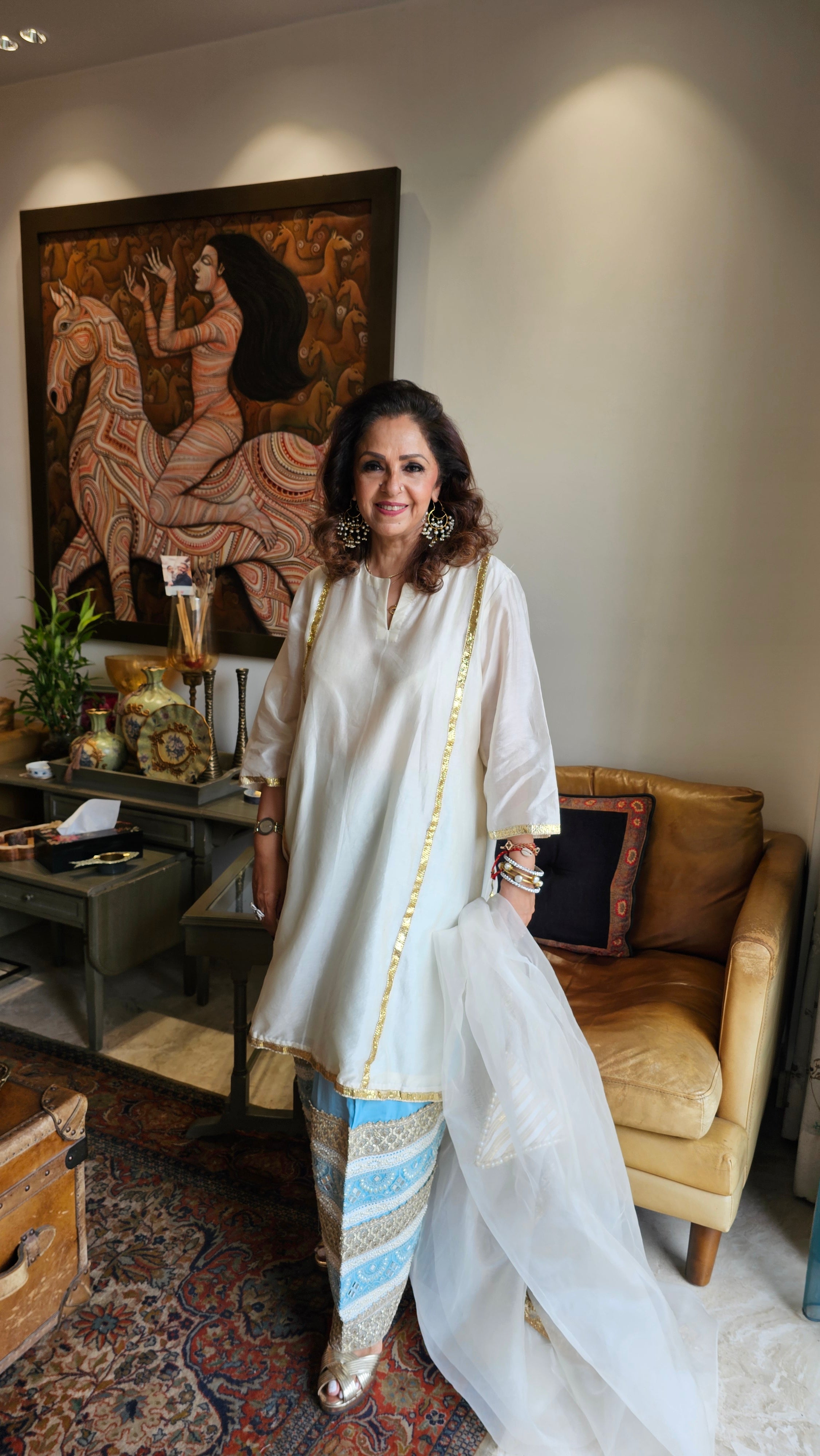 Ivory Chendari Silk Top and Bottom Set With Hand Embroidered Work
