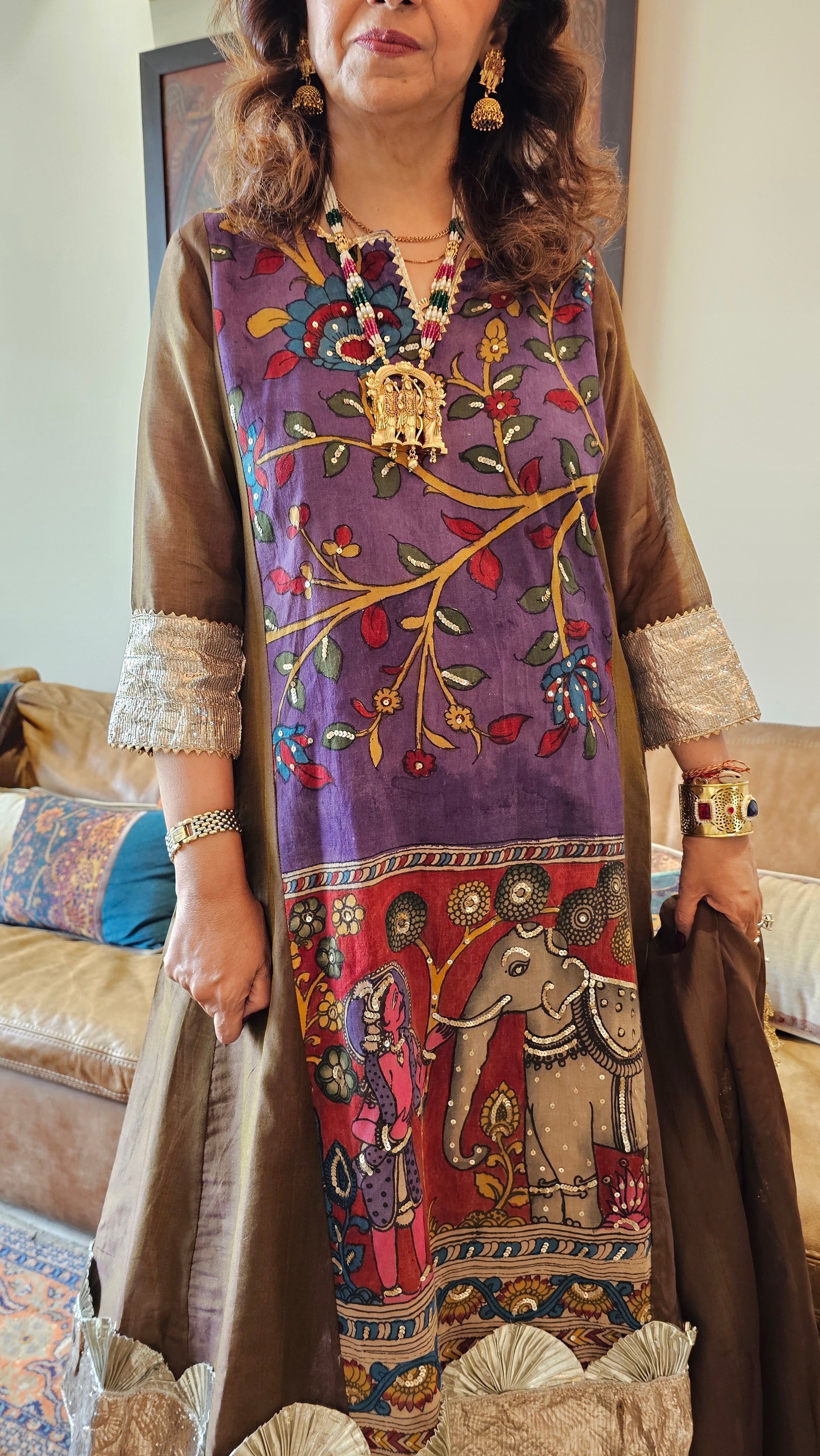 Purpule Chendari Silk Co-ord Set With Hand Painted and Kalakari Emboridered Work