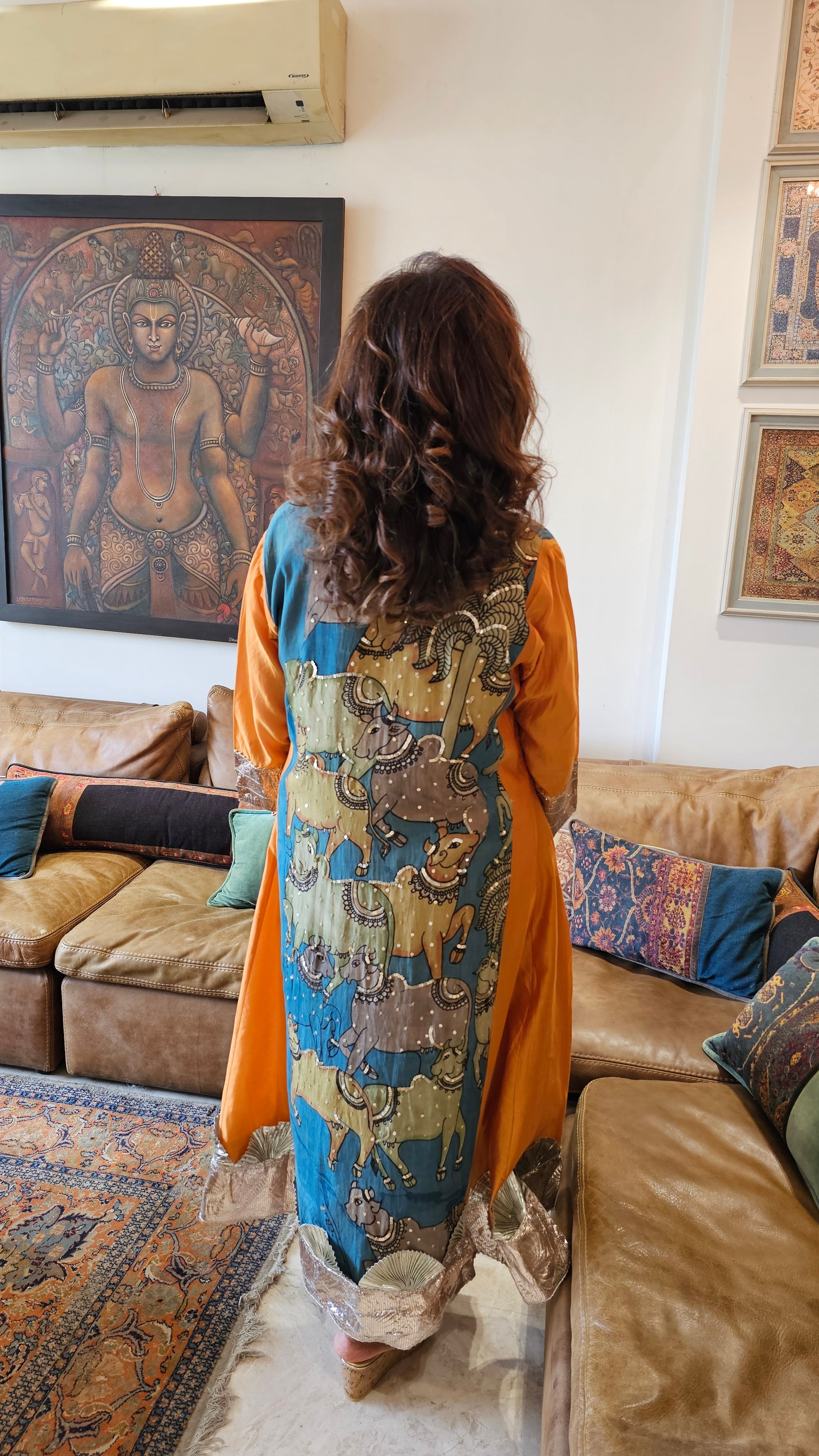 Orange Chanderi Silk Kurta With Pure Hand Painted Kalamkari and Hand Embroidered and Dupatta