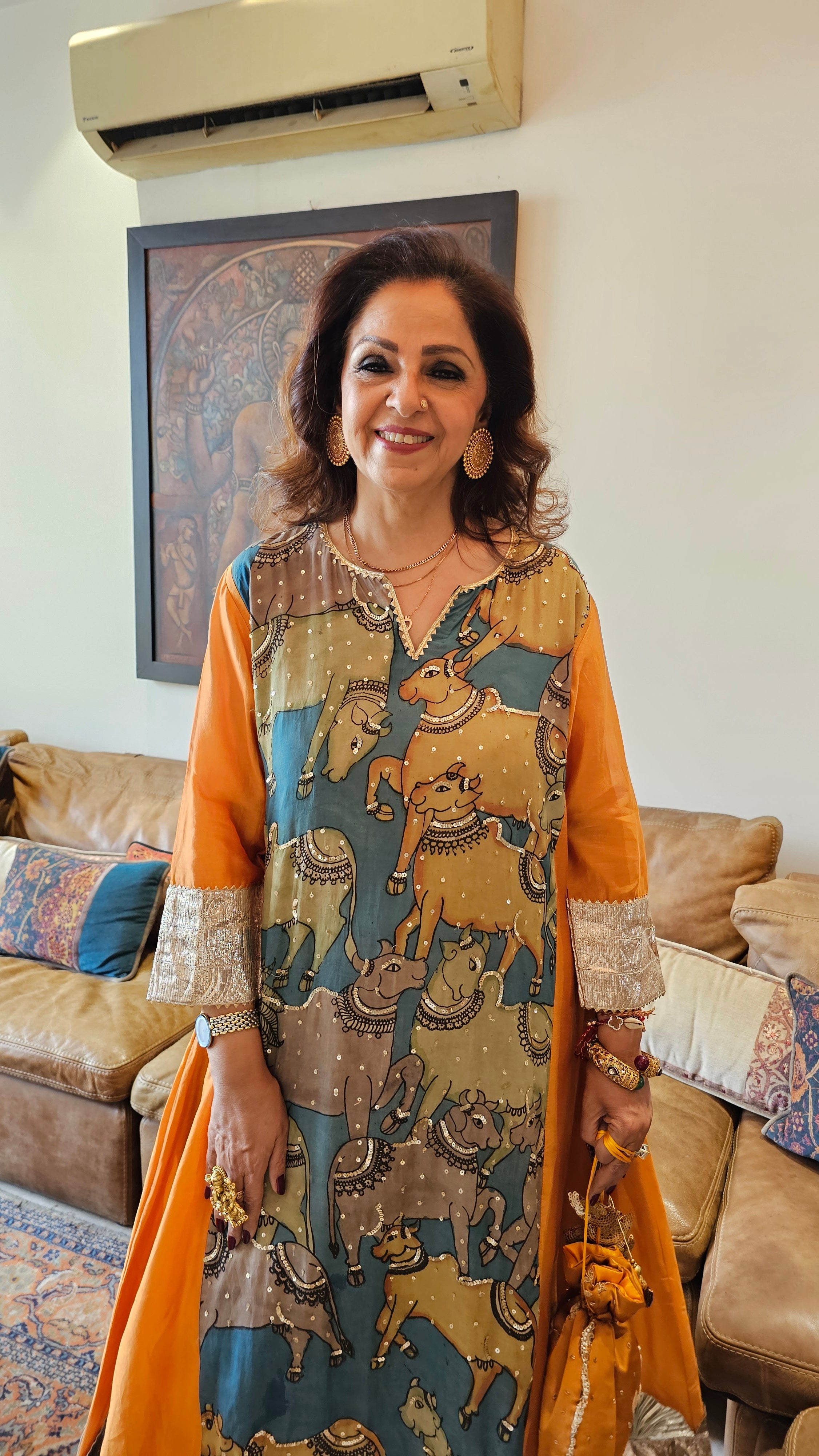 Orange Chanderi Silk Kurta With Pure Hand Painted Kalamkari and Hand Embroidered and Dupatta
