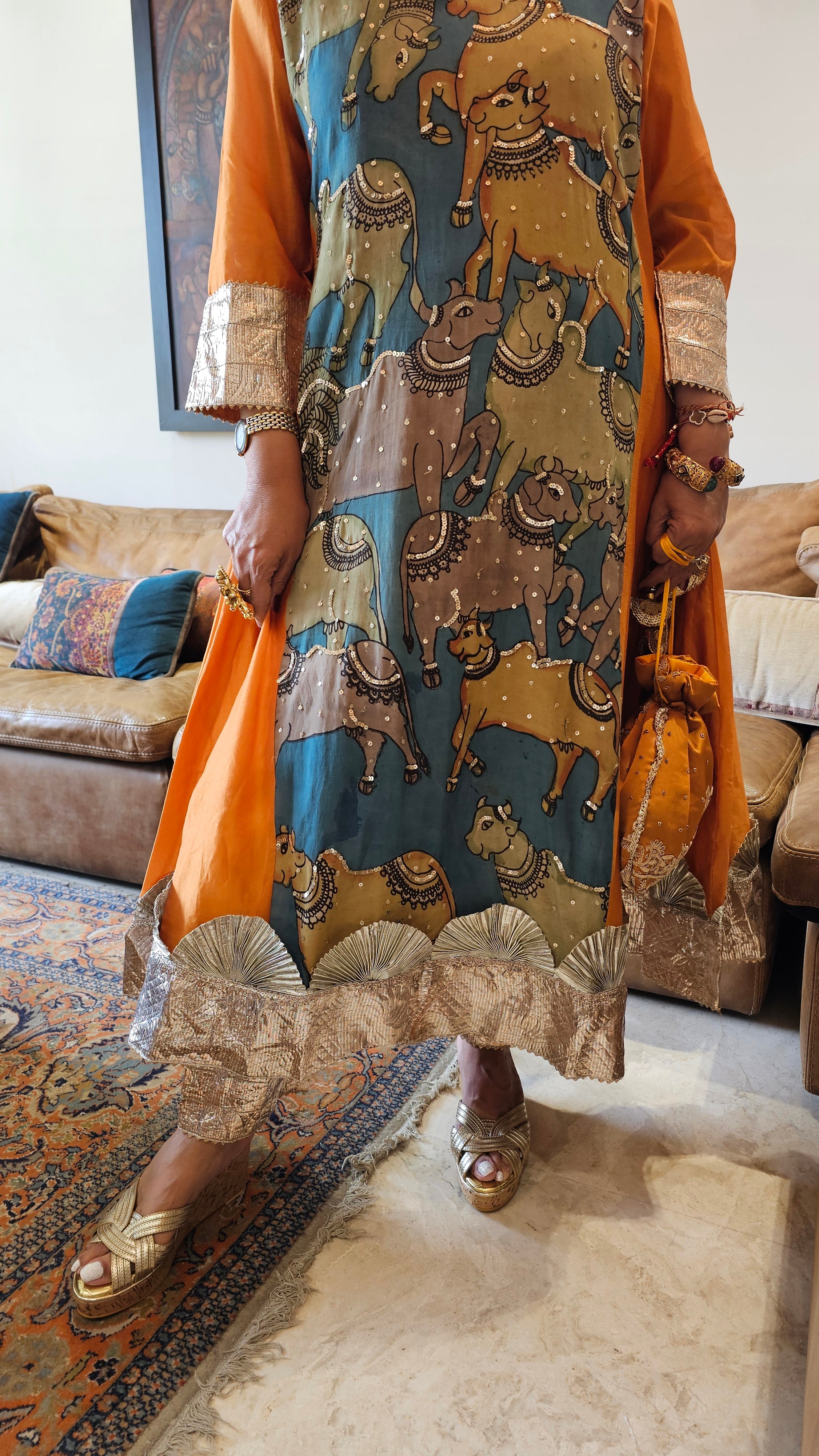 Orange Chanderi Silk Kurta With Pure Hand Painted Kalamkari and Hand Embroidered and Dupatta