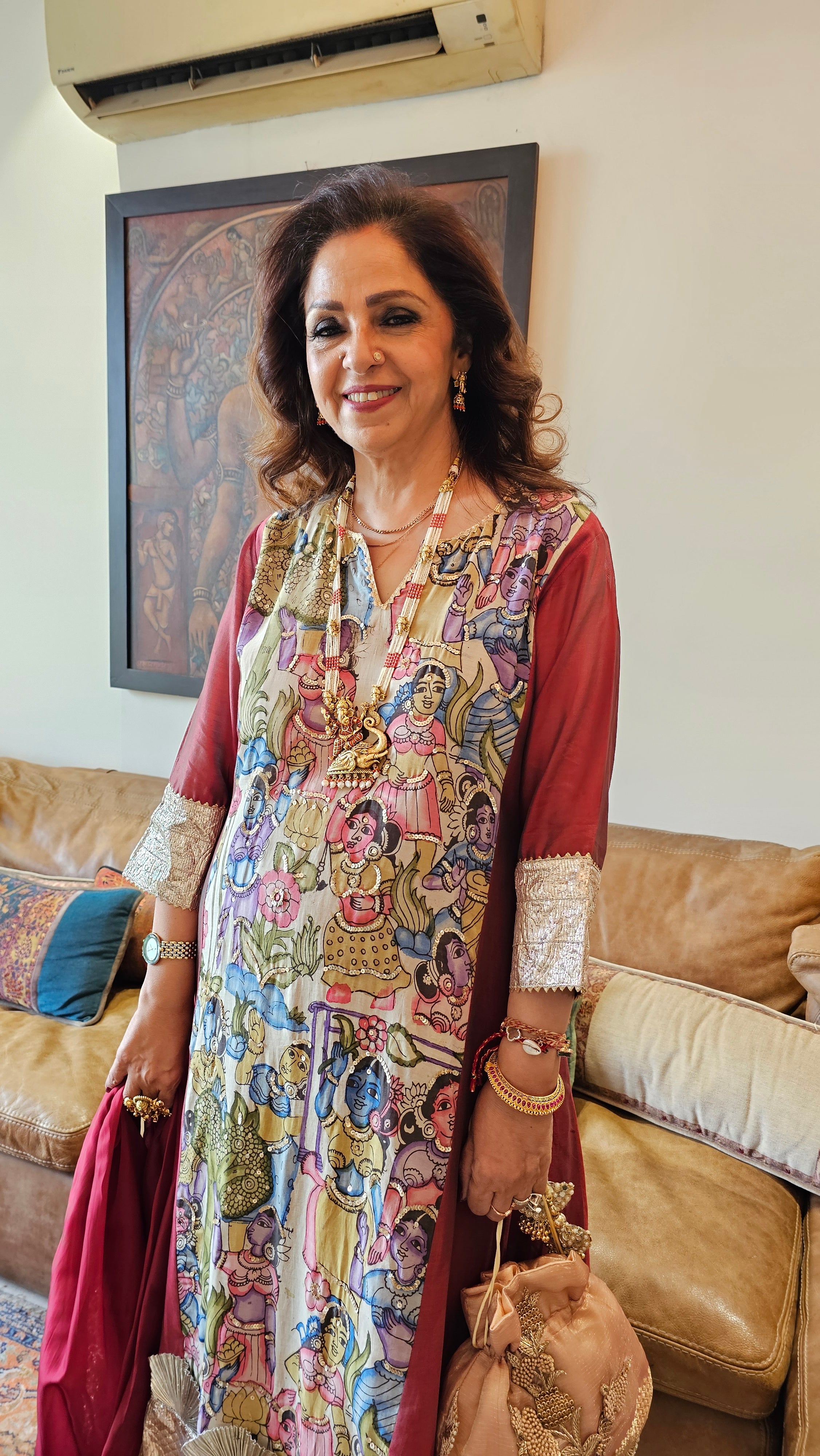 Cherry Red Chanderi Silk Kurta With Pure Hand Painted Kalamkari and Hand Embroidered and Dupatta