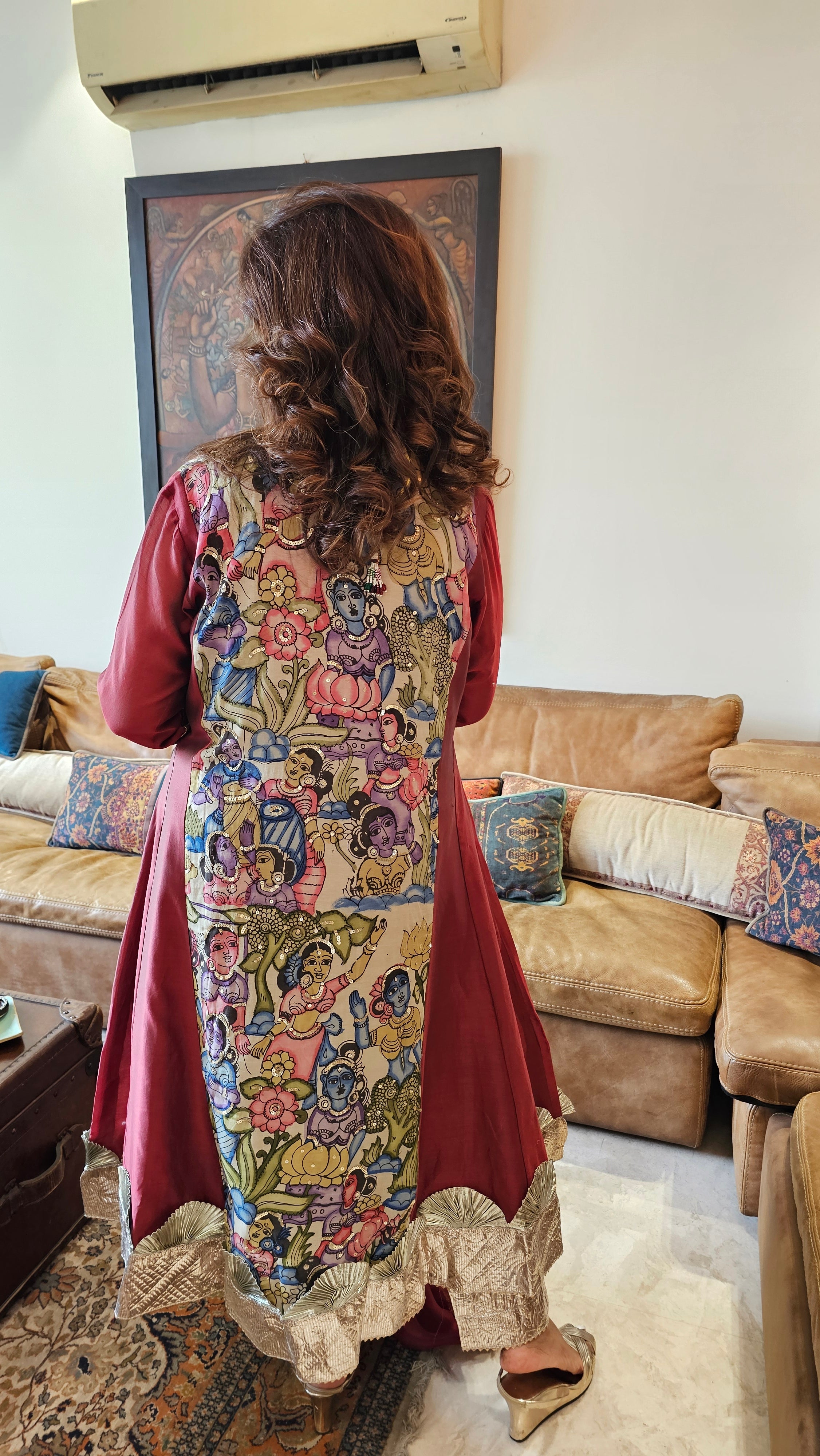 Cherry Red Chanderi Silk Kurta With Pure Hand Painted Kalamkari and Hand Embroidered and Dupatta
