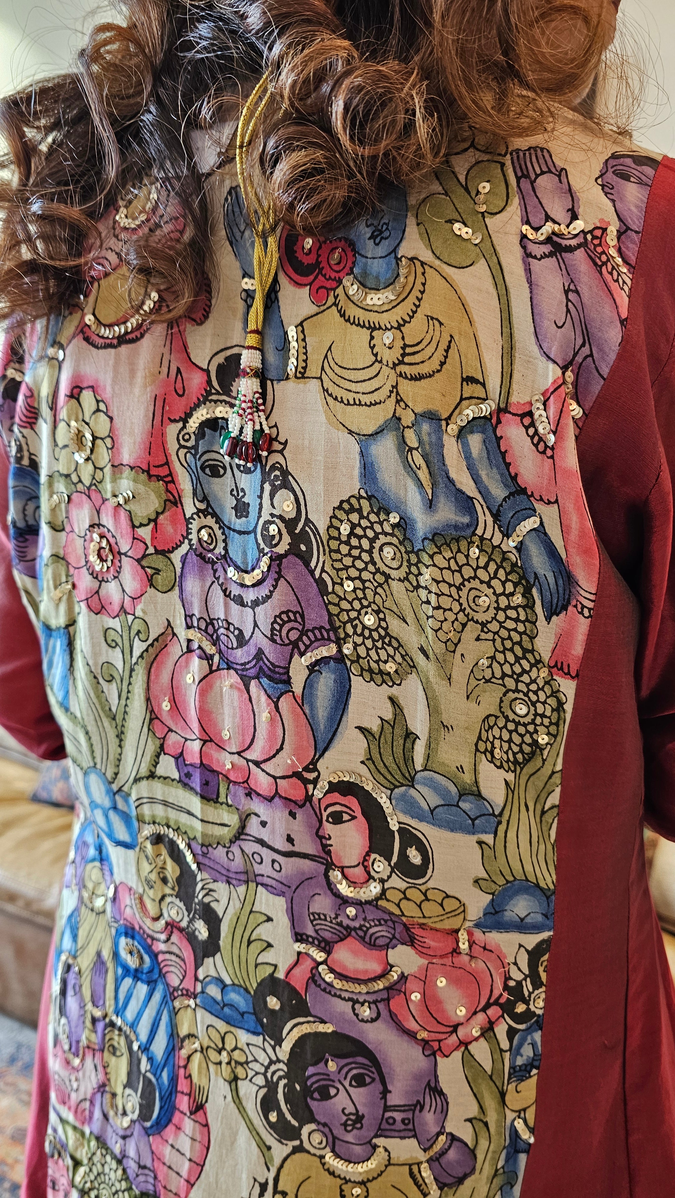Cherry Red Chanderi Silk Kurta With Pure Hand Painted Kalamkari and Hand Embroidered and Dupatta