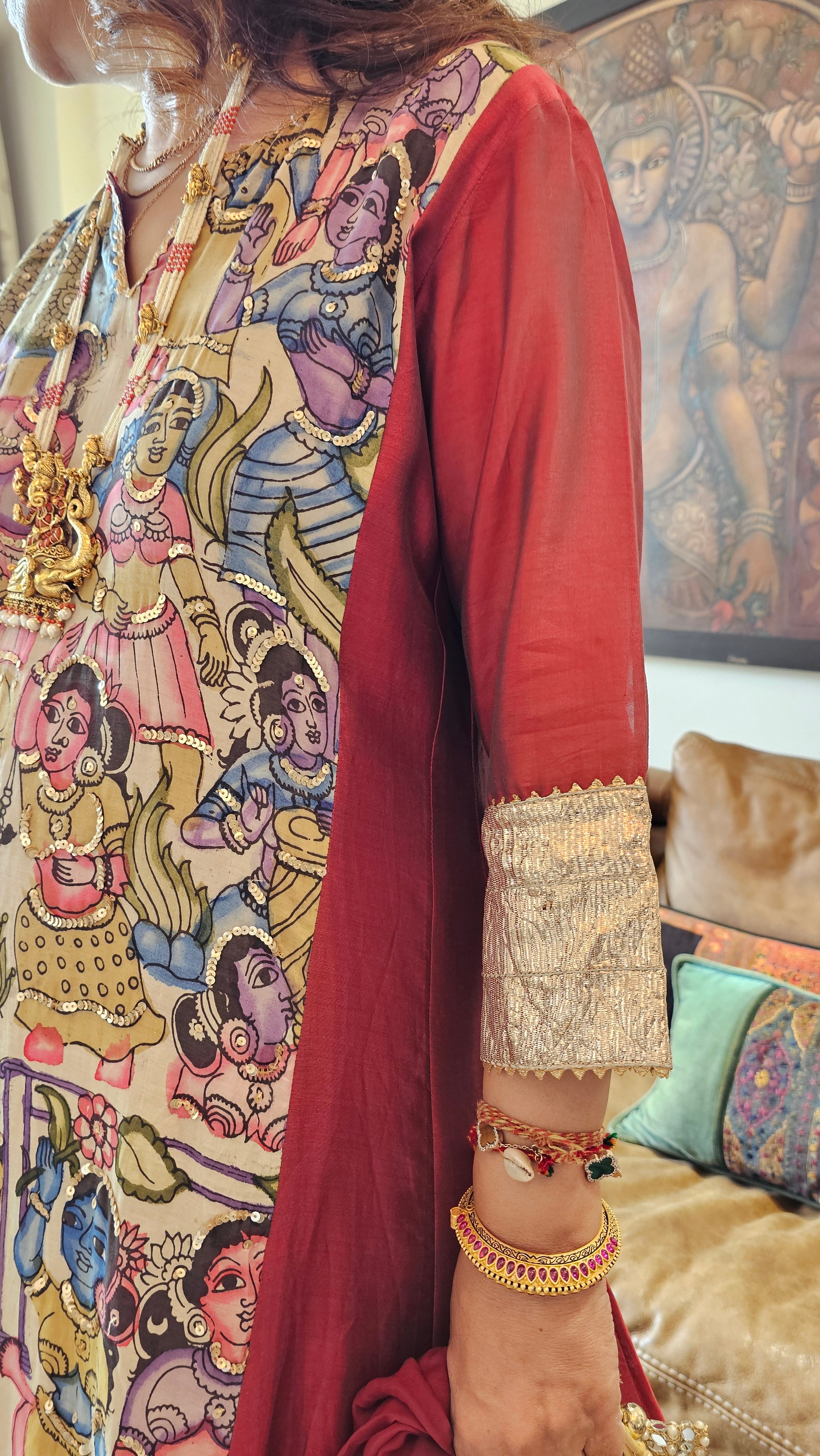 Cherry Red Chanderi Silk Kurta With Pure Hand Painted Kalamkari and Hand Embroidered and Dupatta
