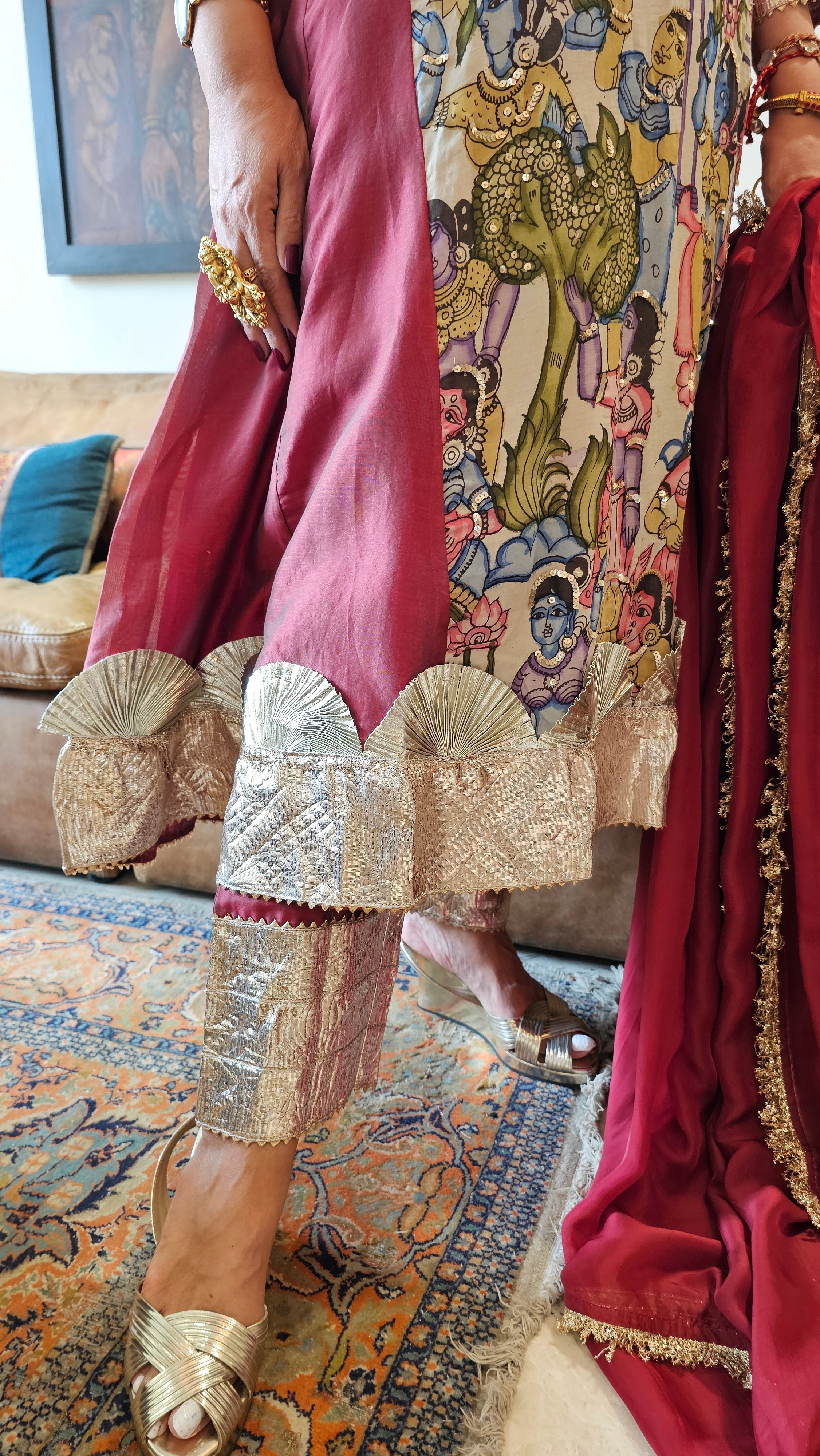 Cherry Red Chanderi Silk Kurta With Pure Hand Painted Kalamkari and Hand Embroidered and Dupatta