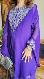 Beautiful  Purple  3 piece set with hand embroidered, mirror & thread work organza cape, Satin top and bottom