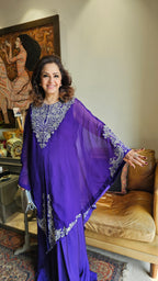 Beautiful  Purple  3 piece set with hand embroidered, mirror & thread work organza cape, Satin top and bottom