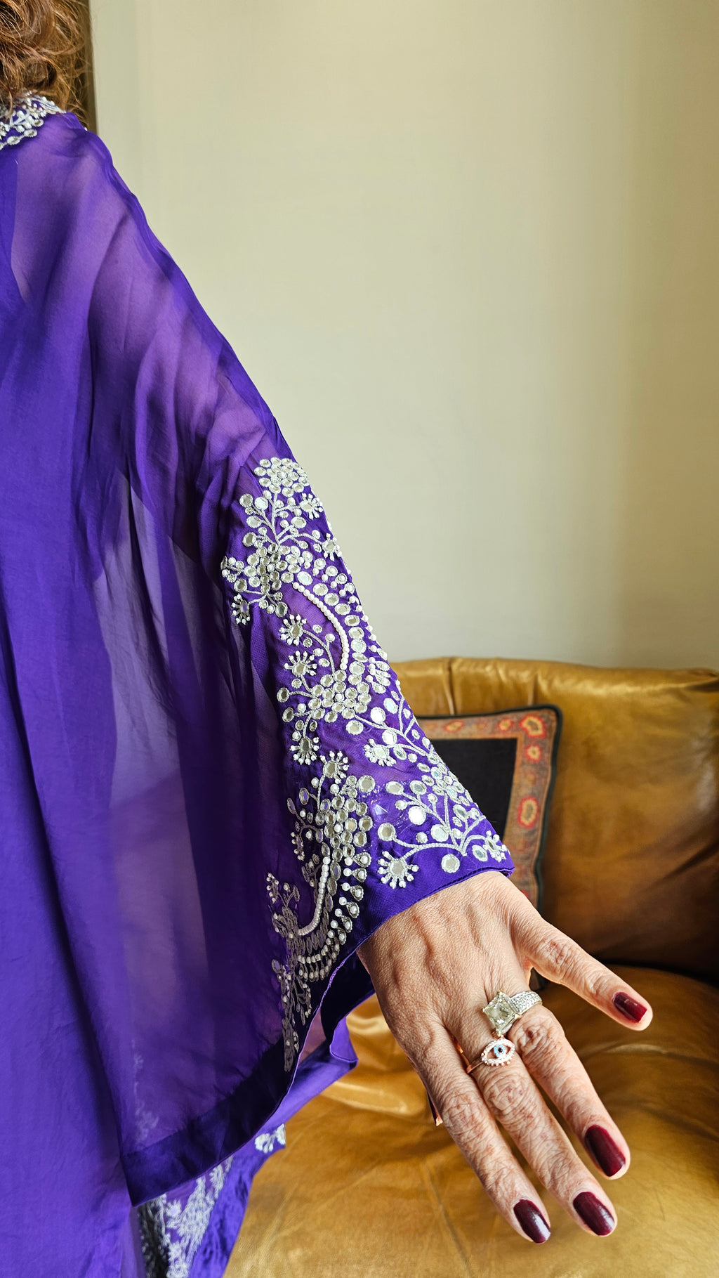 Beautiful  Purple  3 piece set with hand embroidered, mirror & thread work organza cape, Satin top and bottom