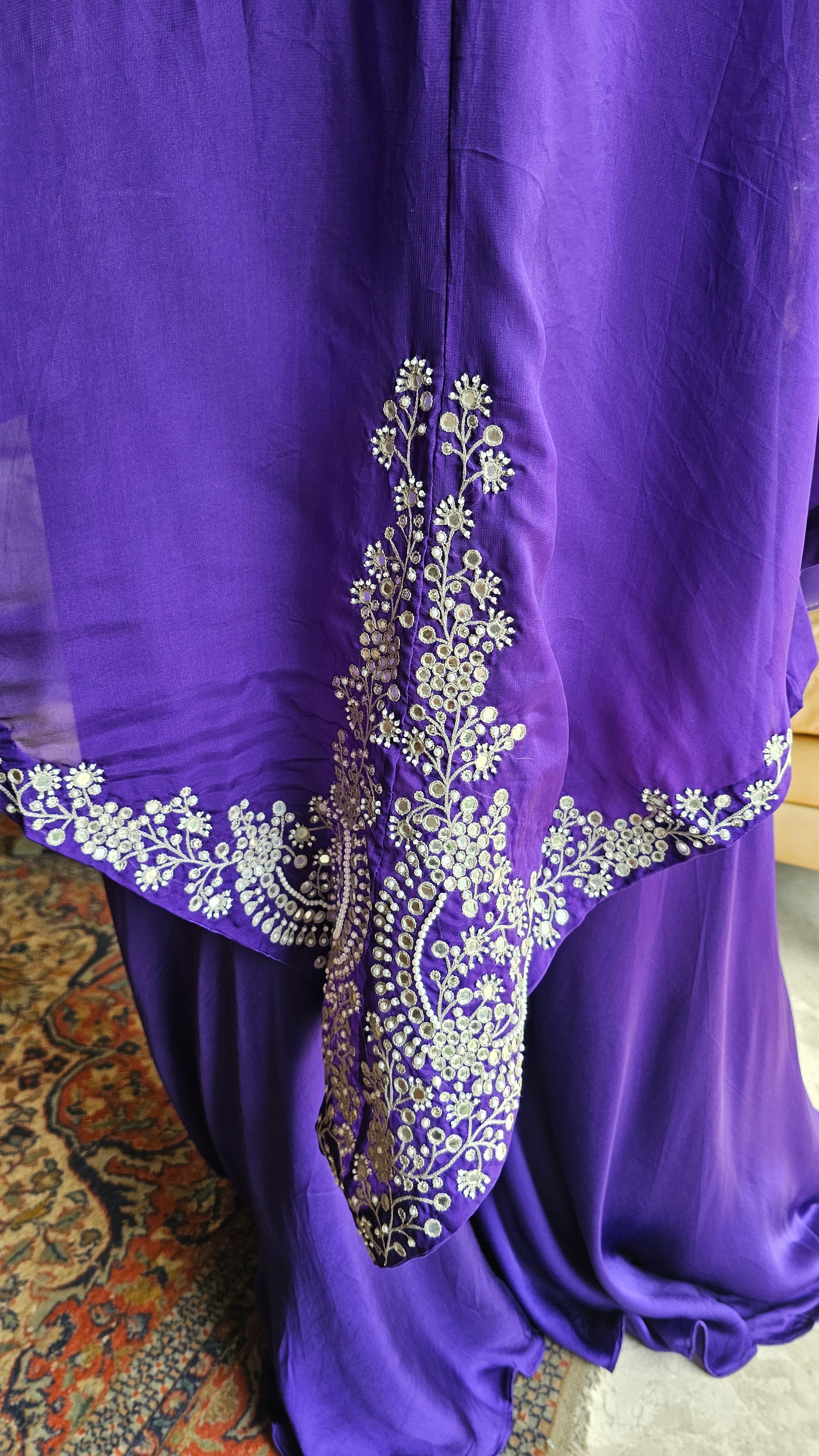 Beautiful  Purple  3 piece set with hand embroidered, mirror & thread work organza cape, Satin top and bottom