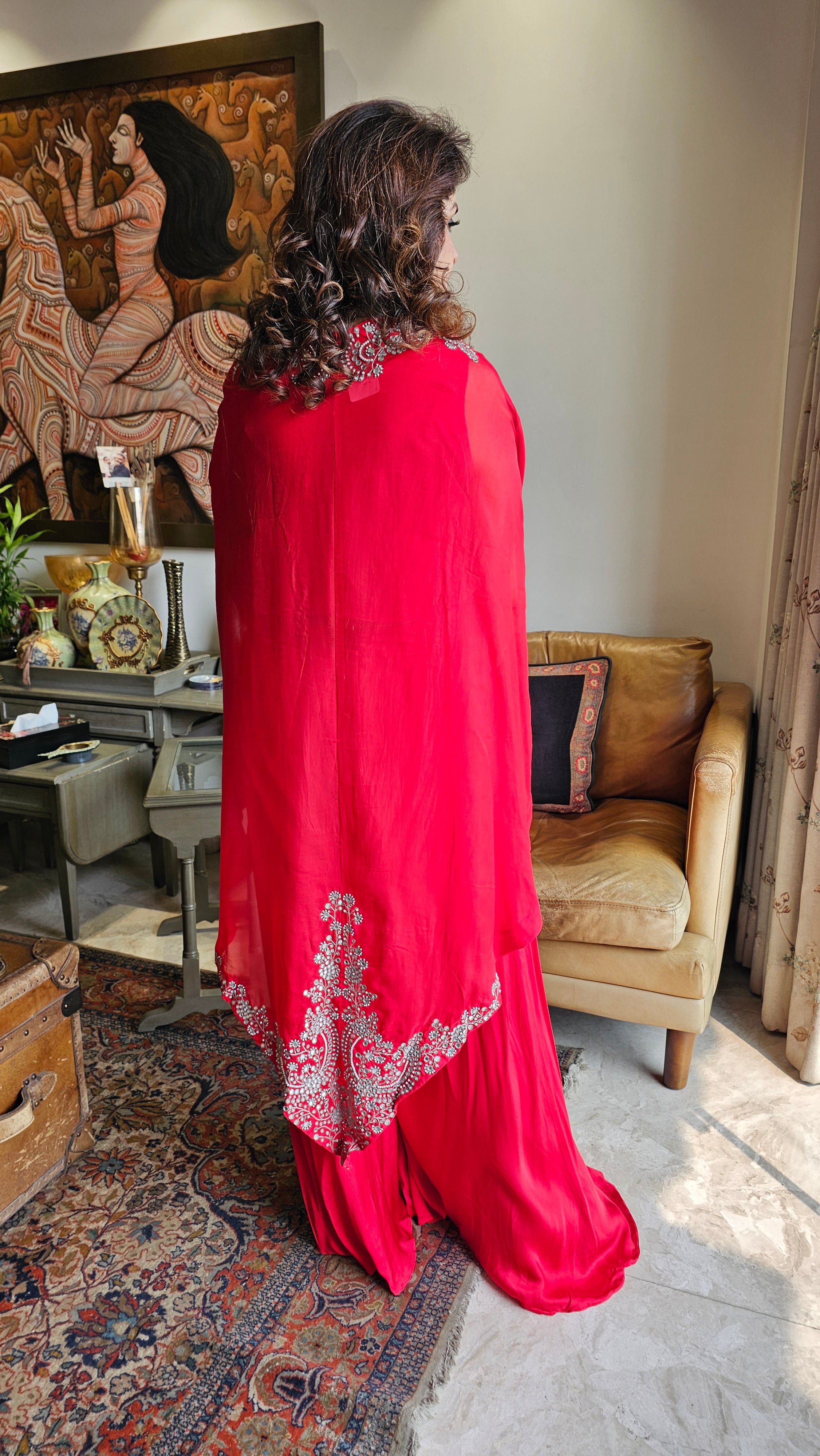 Beautiful Red 3 piece set with hand embroidered, mirror & thread work organza cape, Satin top and bottom