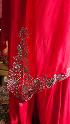Beautiful Red 3 piece set with hand embroidered, mirror & thread work organza cape, Satin top and bottom
