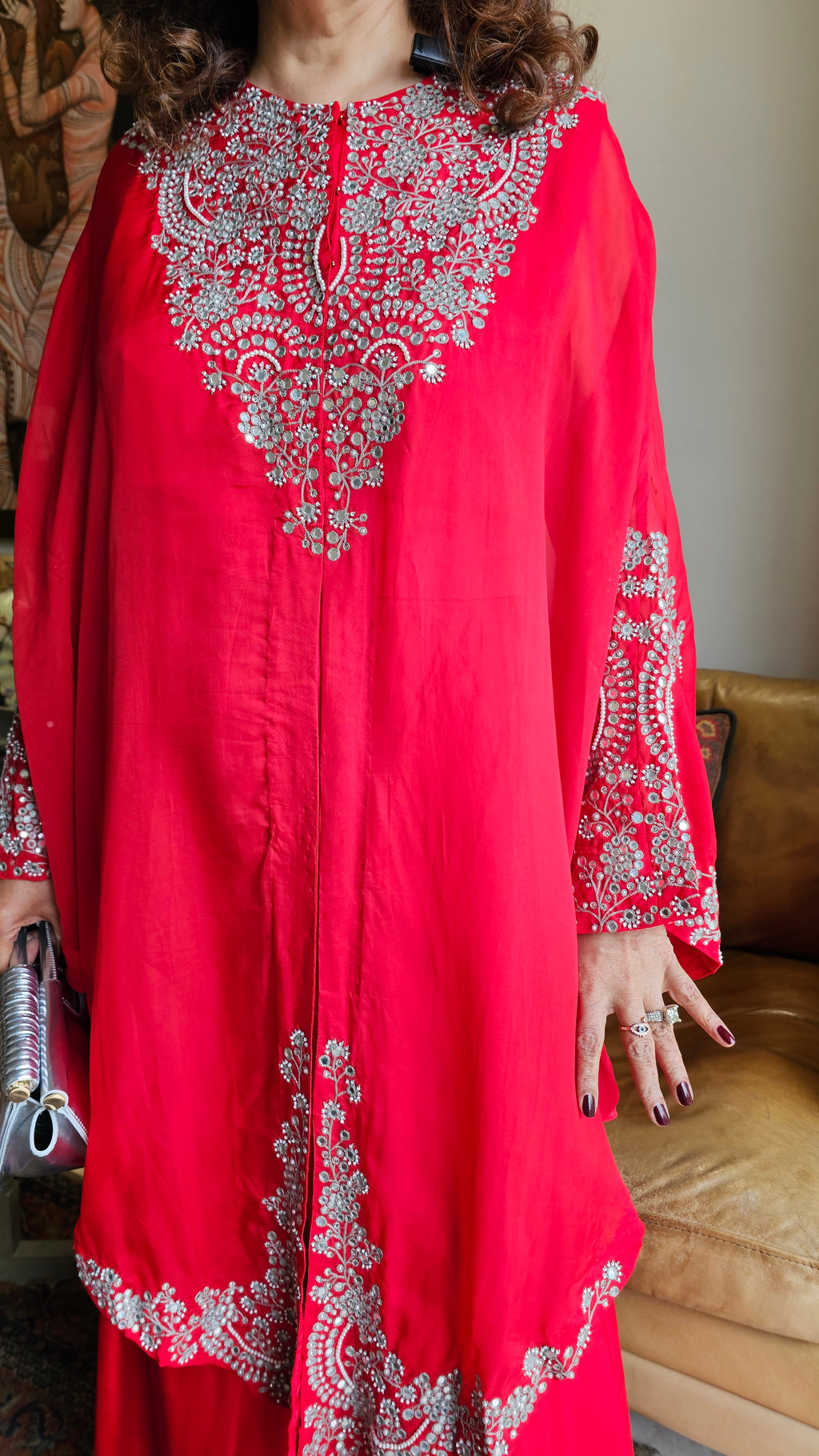 Beautiful Red 3 piece set with hand embroidered, mirror & thread work organza cape, Satin top and bottom