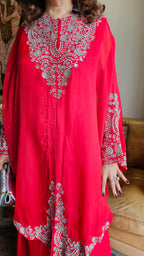Beautiful Red 3 piece set with hand embroidered, mirror & thread work organza cape, Satin top and bottom