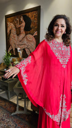 Beautiful Red 3 piece set with hand embroidered, mirror & thread work organza cape, Satin top and bottom