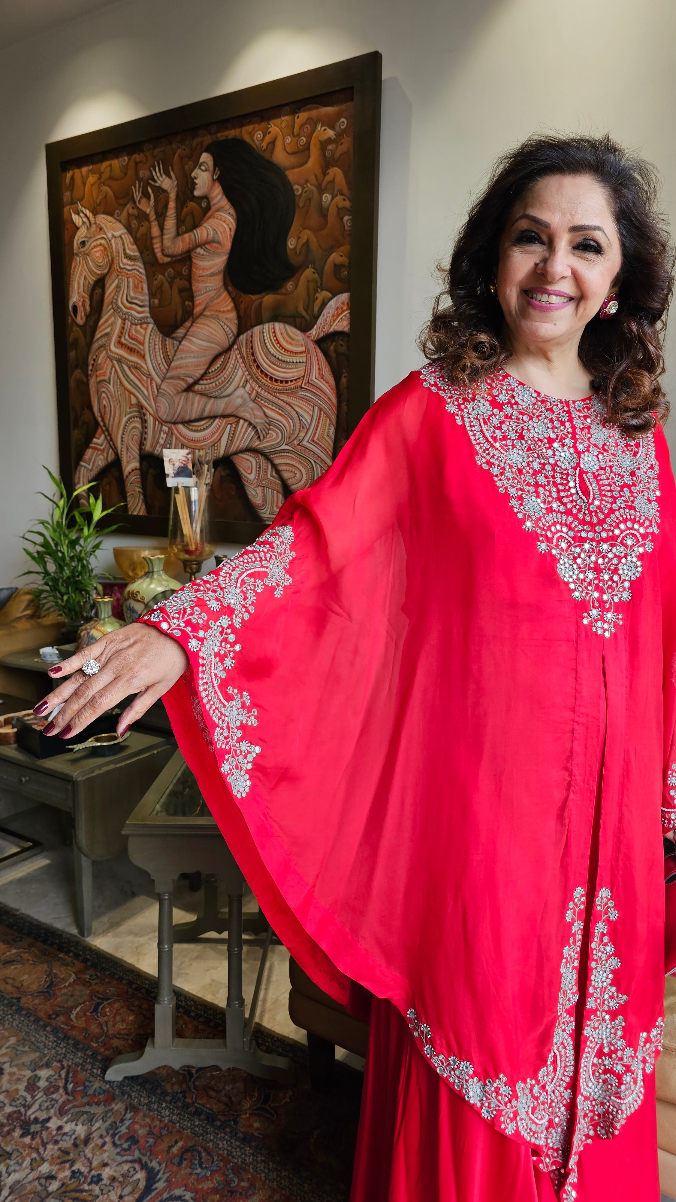 Beautiful Red 3 piece set with hand embroidered, mirror & thread work organza cape, Satin top and bottom