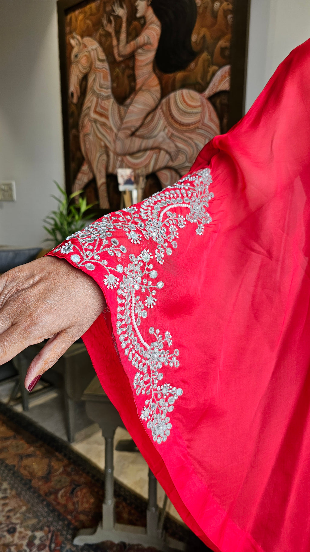 Beautiful Red 3 piece set with hand embroidered, mirror & thread work organza cape, Satin top and bottom