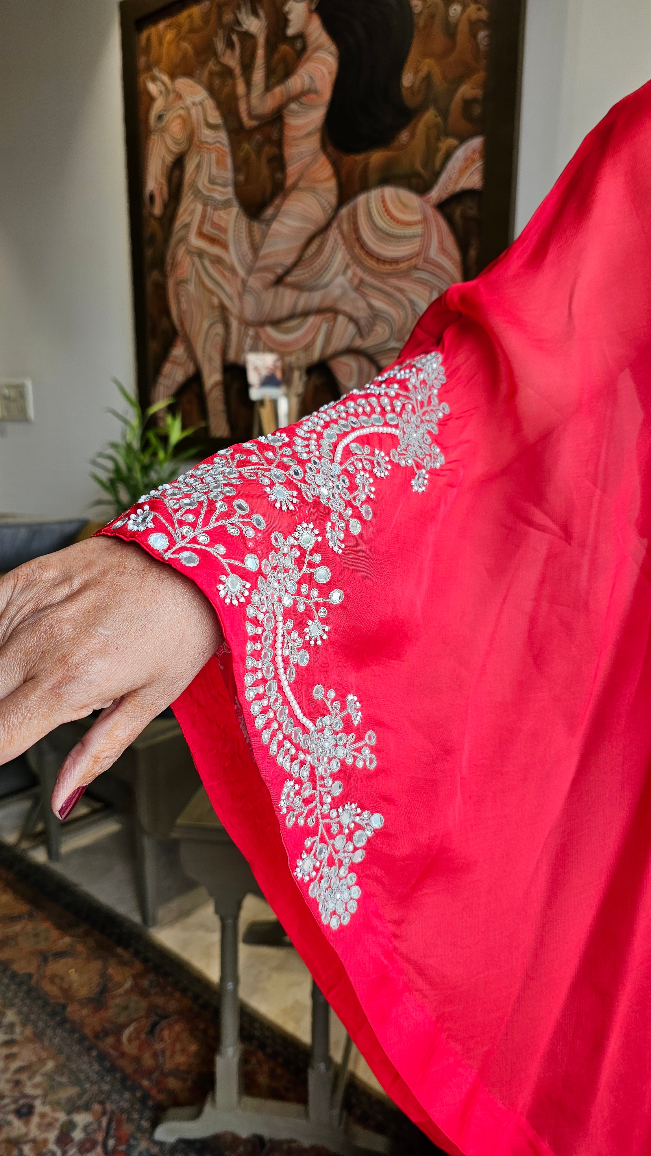 Beautiful Red 3 piece set with hand embroidered, mirror & thread work organza cape, Satin top and bottom