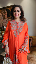 Beautiful Orange 3 piece set with hand embroidered, mirror & thread work organza cape, Satin top and bottom