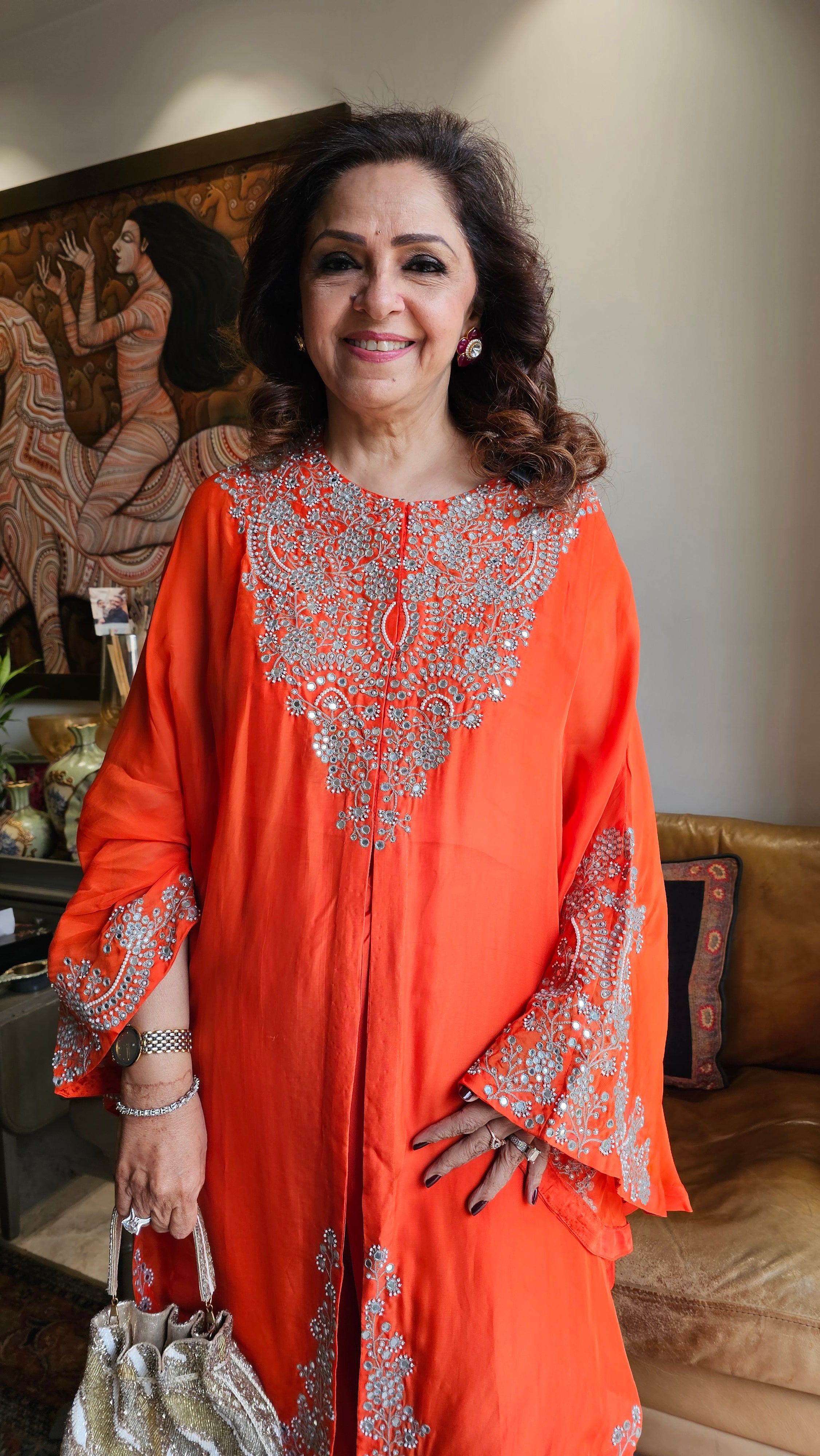 Beautiful Orange 3 piece set with hand embroidered, mirror & thread work organza cape, Satin top and bottom