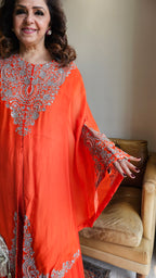 Beautiful Orange 3 piece set with hand embroidered, mirror & thread work organza cape, Satin top and bottom