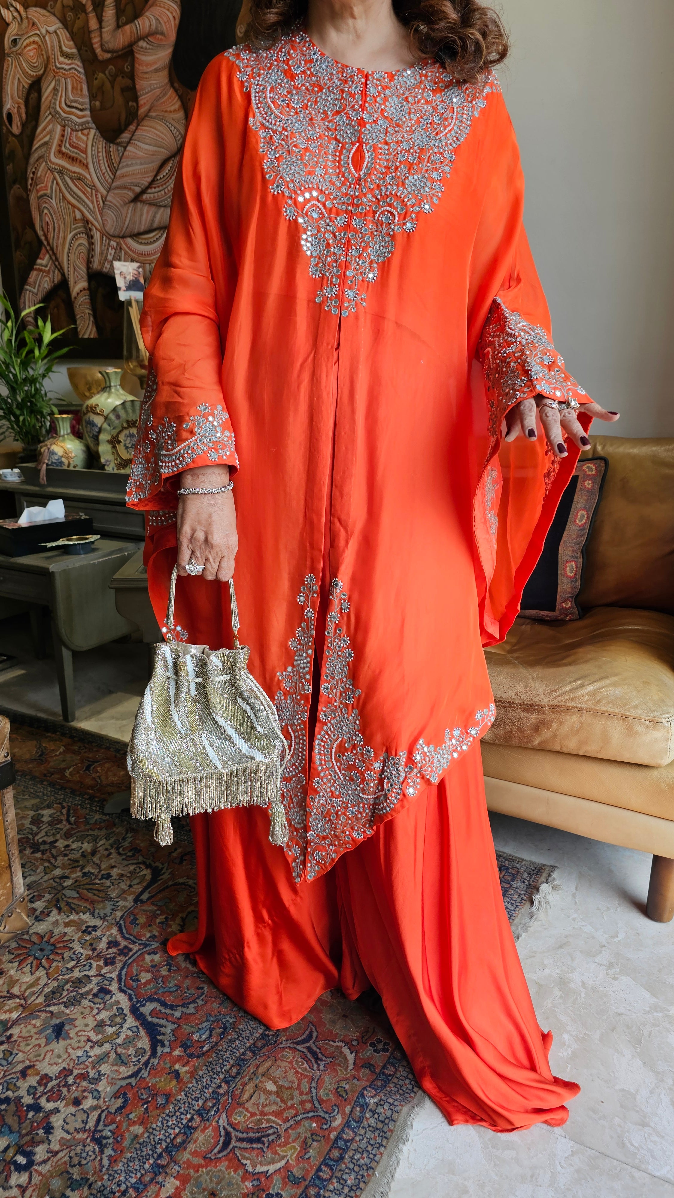 Beautiful Orange 3 piece set with hand embroidered, mirror & thread work organza cape, Satin top and bottom