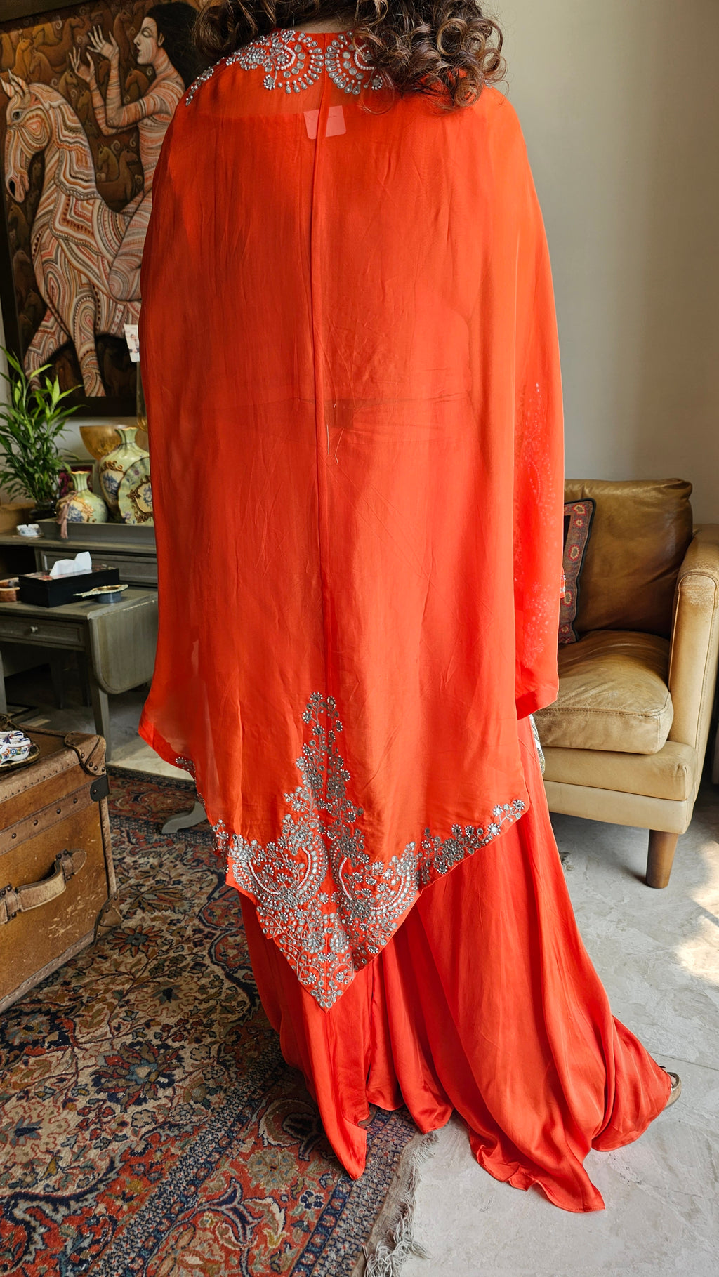 Beautiful Orange 3 piece set with hand embroidered, mirror & thread work organza cape, Satin top and bottom