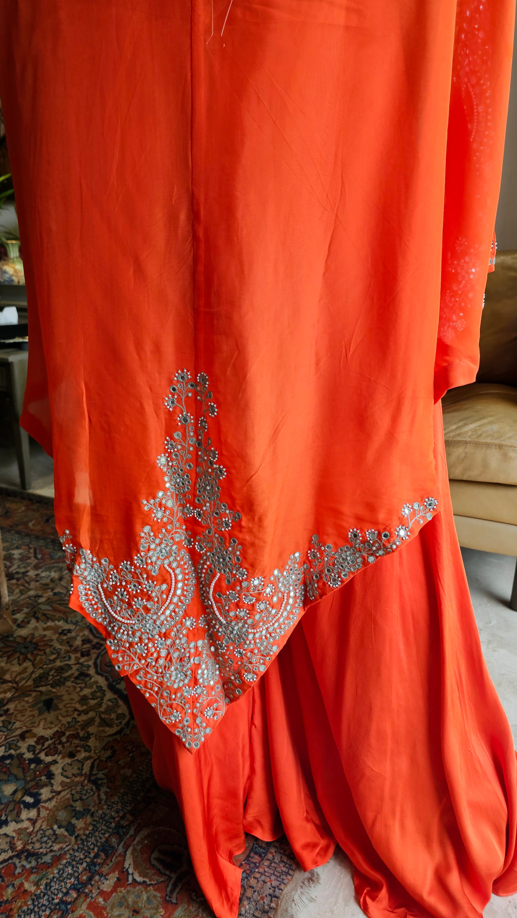 Beautiful Orange 3 piece set with hand embroidered, mirror & thread work organza cape, Satin top and bottom