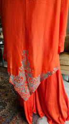 Beautiful Orange 3 piece set with hand embroidered, mirror & thread work organza cape, Satin top and bottom