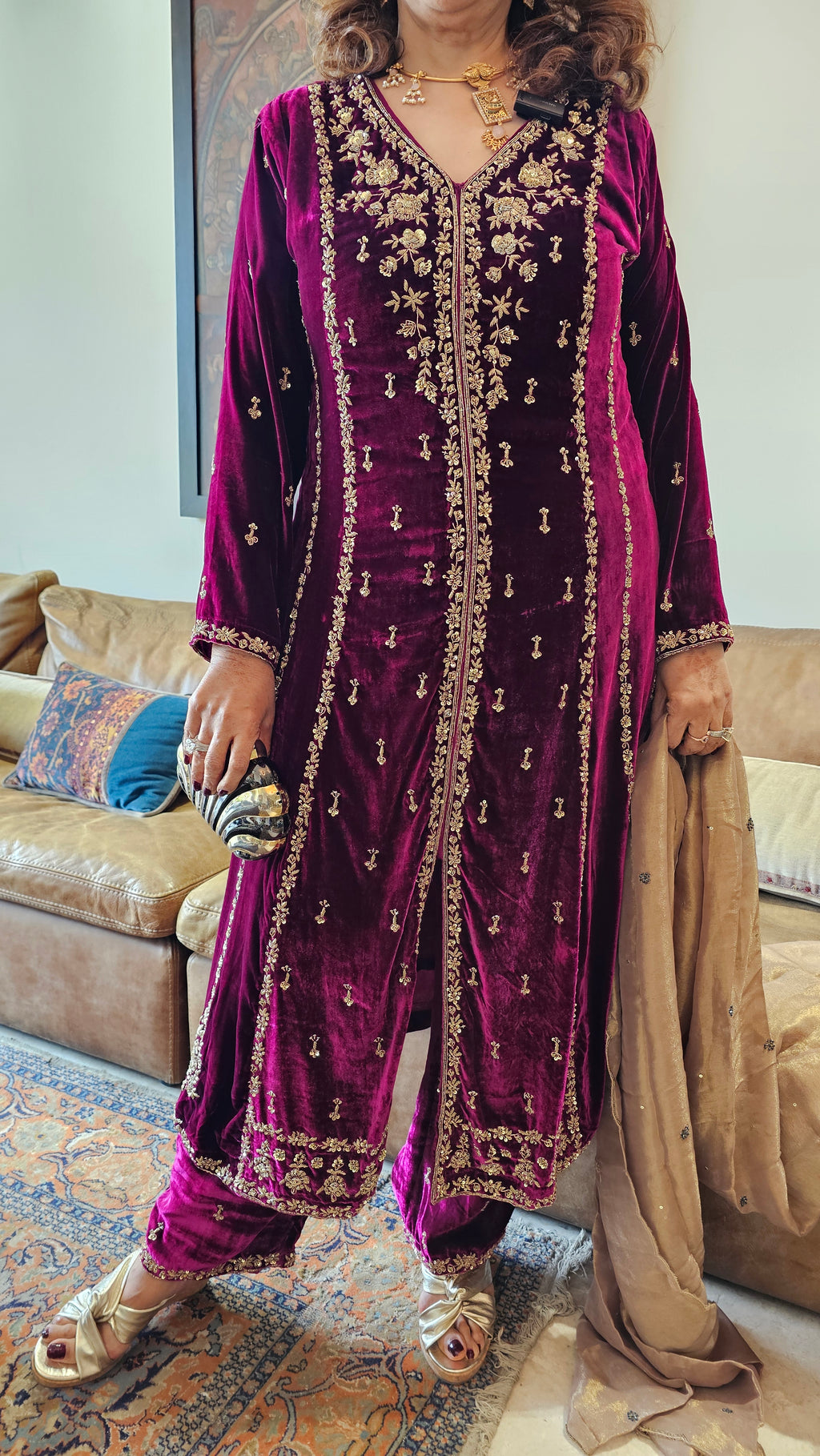 Gorgeous Plush Emerald Silk Velvet Top and Bottom with Hand Embroidery, Dabka work with Tissue Dupatta