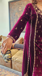 Gorgeous Plush Emerald Silk Velvet Top and Bottom with Hand Embroidery, Dabka work with Tissue Dupatta